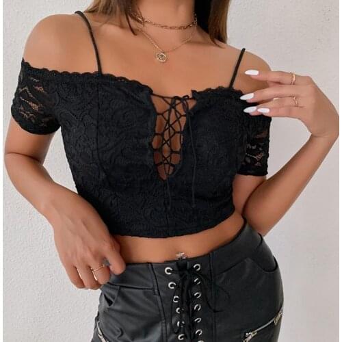 Black Lace Up Sling V-neck Off Shoulder Cross Bandage For Women Mini Sexy Corset Top Mesh Patchwork Embroidery Tank Tops Summer