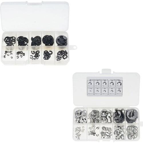 120PCS Black /200PCS Silver M1.5-M10 E Clip Washer Assortment Kit Circlip Retaining Ring For Shaft Fastener E-shaped Circlip