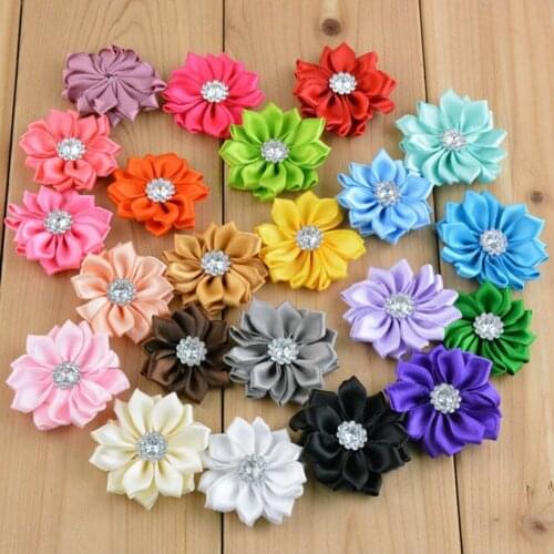 200pcs/lot 1.6'' Mini Polyester Ribbon Polygonal Flowers With Rhinestone For Girls Hair Accessory Head Satin Fabric DIY Flowers