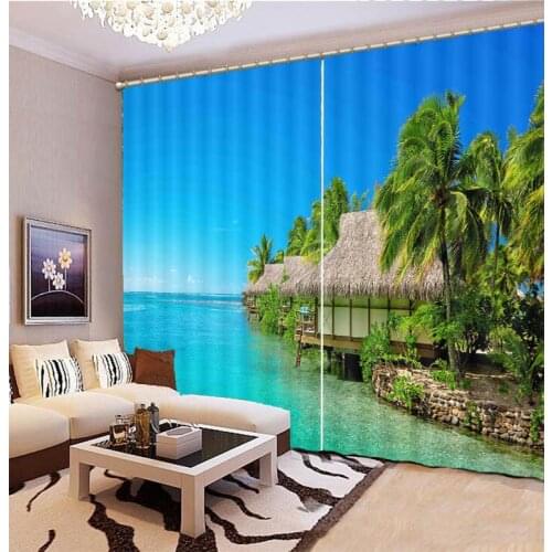 2019 high quality pink blackout curtain Coconut tree sea landscape Living room bedroom window curtain 3d