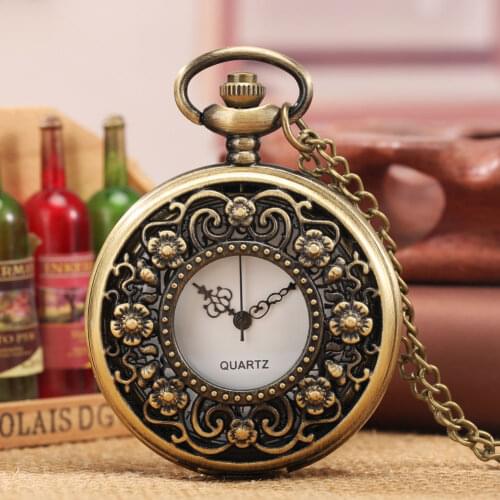 2021 Retro Exquisite Flower Case Antique Quartz Pocket Watch Women Pendant Necklace Chain Vintage Clock Gift for Dad Mum Relogio
