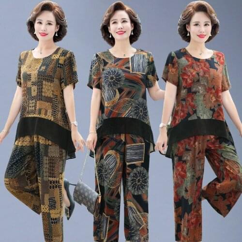 2021 Middle-aged Womens Summer Suits Short Sleeve Printed T-shirt Top & Wide-leg Pants Suits Female Plus Size 2 Piece Sets L464