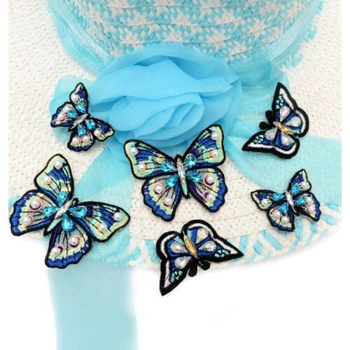 3pc Blue Beads Pearls Rhinestone Patches Applique Hand-sewn Butterfly Clothes Shoes Bags Decoration Sticker DIY Embroidery Decal