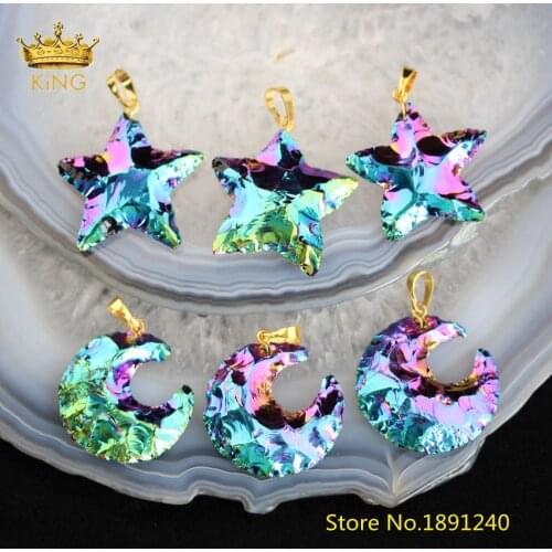 5PCS Rainbow Mystic Titanium Black Tourmaline Pendants,Sparkly Stars Moon Stones Charms Craft Necklace Fine Jewelry Bulk DSS179