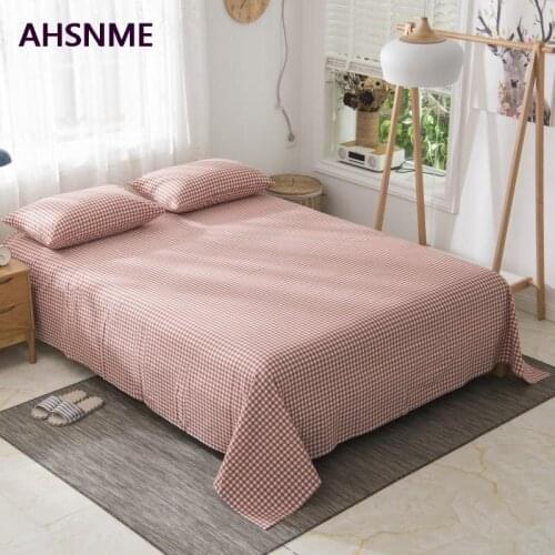 AHSNME 100% Cotton sheets Special Wrinkle Craft Super Soft Pink white plaid Cool Summer Simple Flat sheets 240x250/245x270cm