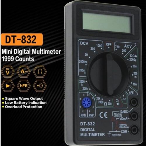 DT-832 Mini Pocket Digital Multimeter 1999 Counts AC/DC Volt Amp Ohm Diode hFE Continuity Tester Ammeter Voltmeter Ohmmeter