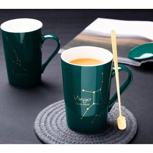 Twelve constellations ceramic cups, dark green gold coffee cups, covered spoons, tea cups, drinking cups, MB98