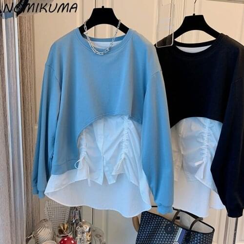 Nomikuma Korean Hit Color Patchwork Women Sweatshirt Shirring Blouse Patchwork Hoodies Causal Long Sleeve Autumn Jumpers 6Z439