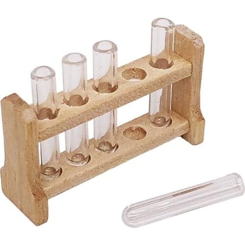 5pcs/set Laboratory Glass Test Tubes with Wooden Rack Set 1:12 Dollhouse Miniature Accessory Decoration Ornament