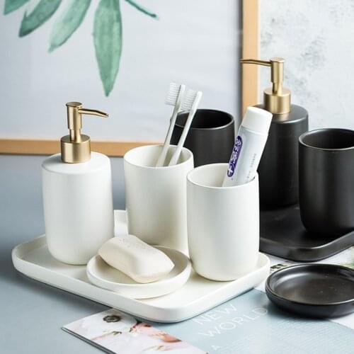 5pcs Nordic Art Matte Black Ceramic Wash Set Minimalist Bathroom Accessories Lotion Bottle Toothbrush Cup Soap Dish Wedding Gift