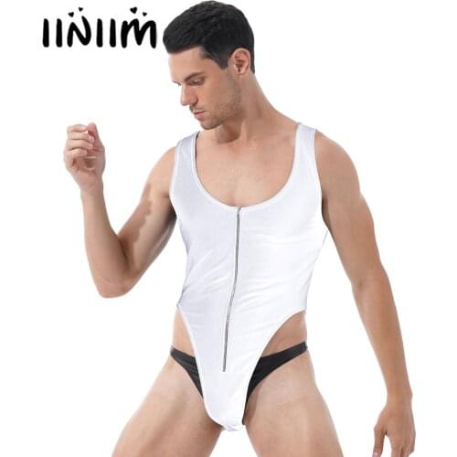 Mens Lingerie Sexy High Cut Bodysuit Solid Color Sleeveless Zipper Front Nightwear Casual U Neck Jumpsuits Sport Fitness Leotard