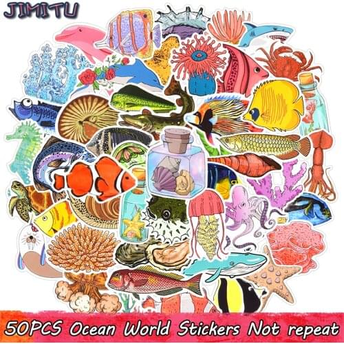 50 PCS Ocean Animals Stickers Cute Sea Fishes Plants Decals Sticker Gifts for Children DIY Laptop Suitcase Guitar Fridge Bicycle