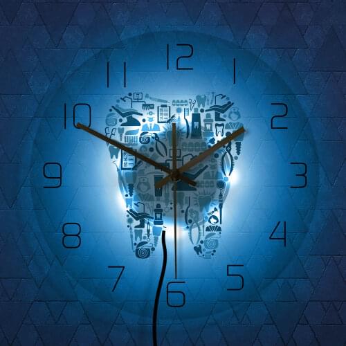 Dentistry Tooth Printed Wall Clock Dentist Teeth Care Acrylic Wall Hanging Night Light Clock Silent Movement Dental Clinic Decor
