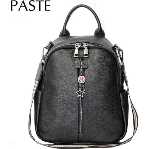 Factory Wholesale Casual Full Grain Cowhide Leather Women Backpack Black Soft Real Leather Girls School Book Bag Mochilas