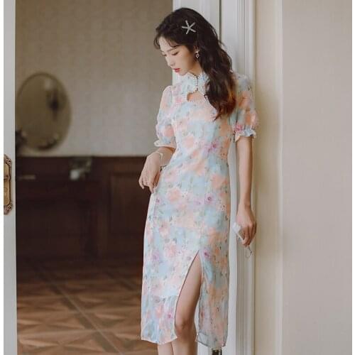 Young Sweet Floral Cheongsam Improved Elegant DressES Summer Modern Fashion Girl Beaded Hollow Sexy Slim Retro Qipao Midi Dress