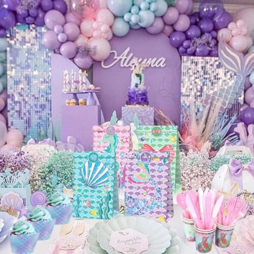 Mermaid Birthday Party Supplies Gift bags Cup Plates Candy Bags Mermaid Tail Gift Boxes Mermaid Decoration Kids Girls Favor