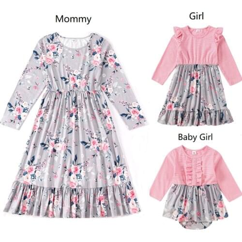 Mother Daughter Matching Dress 2021 Fall Fashion Floral Mommy and Me Clothes Princess Kids Girl Dress Baby Girl Romper