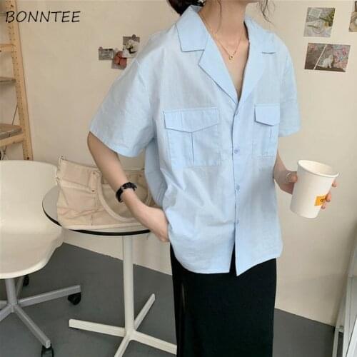 Shirts Women Preppy Style Solid Office Ladies All-match Chic Short Sleeve Summer Tops Trendy Student Harajuku Loose Soft Casual
