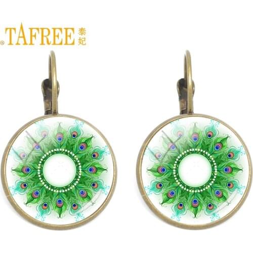 TAFREE peacock feathers clip earrings new style Circular peacock feathersliterary wind vintage 2017 fashion jewelry H394