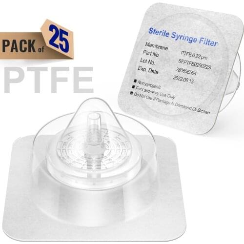 Sterile Syringe Filters,PTFE Membrane 0.22μm Pore Size,25mm Diameter,25 Pcs Individually Packed by Ks-Tek