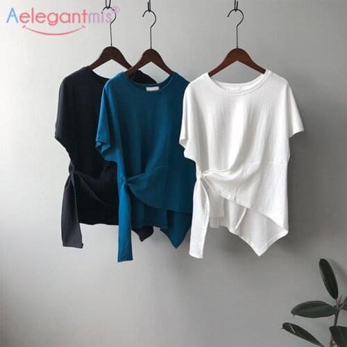 Aelegantmis Bandage Irregular Short Women Solid Loose O Neck T Shirts Female Casual Korean 3 Colors Short Sleeve Tops Summer New