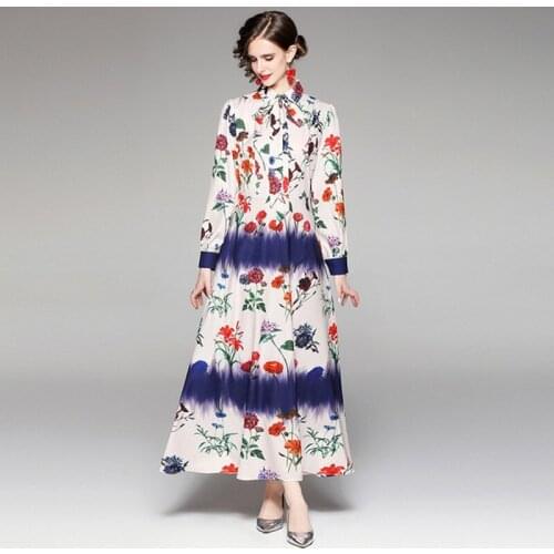 2021 Autumn European fashion Dress Women Turn-Down Collar Floral Print Lace-Up Sashes Long Maxi Vestidos