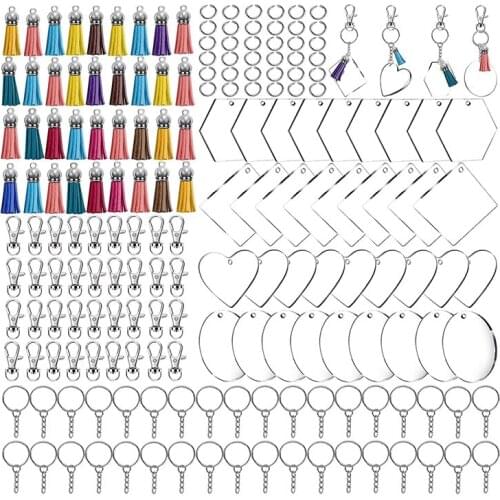200Pcs Acrylic Keychain Blanks with Tassels Kit Bulk, Snap Hooks Mini Tassels Jump Rings for DIY Projects & Crafts