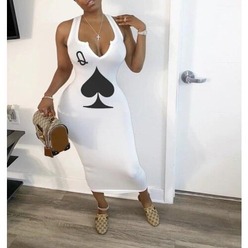 2021 Summer New Style Dress Playing Cards Sleeveless V-neck Vest Calf Dress Club Sexy Party Sexy Peach Heart Print Pencil Skirt