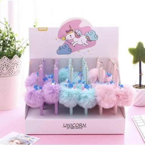 24 Pcs/lot Unicorn Silica Fur Ball Pendant Gel Pen Promotional Gift Stationery School & Office Supply Silica Pen