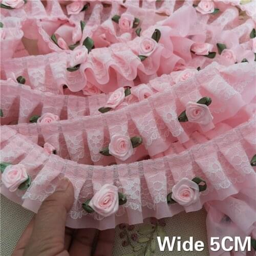 5CM Wide Pastoral Pink Chiffon 3d Pleated Lace Flowers Fabirc Ruffle Trim Embroidered Fringe Ribbon DIY Apparel Applique Decor