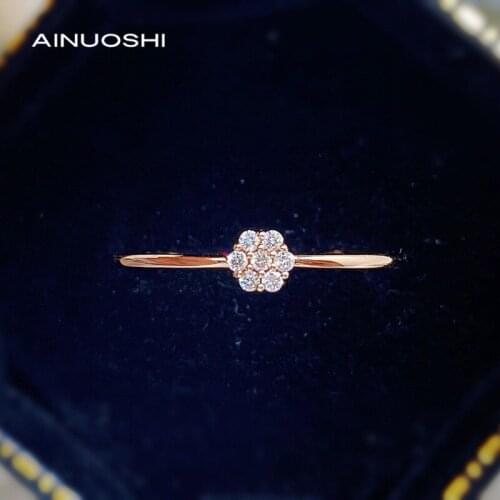 AINUOSHI 18K Gold 0.053ct Round Cut Real Natural Diamond Wedding Engagement for Women Fine Flower-Shaped Ring Jewelry