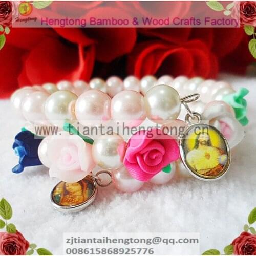 Free ship 2pcs/lot cute 8mm glass faux pearl bracelet, pearl bangle with soft clay bead rosary