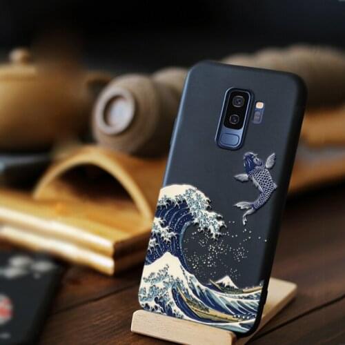 For Samsung S8 S9 S10 Plus Case Cute 3D Emboss Japanese Sea Wave Matte Soft Silicone tpu Protective Black Phone Back Cover Coque