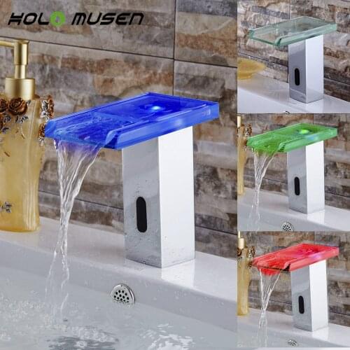 Water Saving Hands Free Automatic Infrared Sensor Tap Bathroom LED Sensor Faucet Touchless Glass Bathroom faucet Waterfall