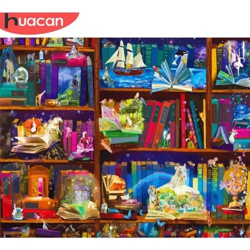 HUACAN Painting By Number Bookshelf Landscape Drawing On Canvas HandPainted Art Gift DIY Pictures By Number Kits Home Decor