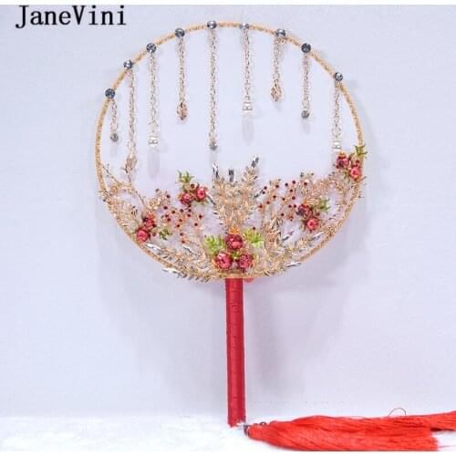 JaneVini Wedding Bouquet Luxury Chinese Fan Pomegranate Gold Flower Metal Bridal Round Hand Fan Red Jewelry Wedding Accessories