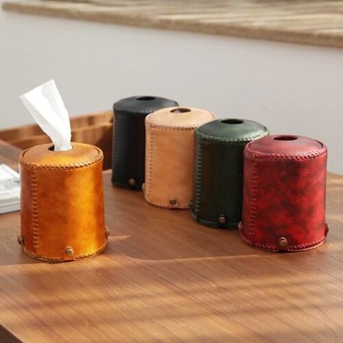 Retro Genuine Leather Car Tissue Storage Box Cylindrical Eco-friendly Cowhide Handmade Weave Napkin Office Car Roll Paper Tube