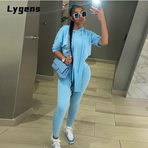 Lygens Solid Women Short Sleeve Hoodie Drawstring Irregular Cropped Trousers Leggings 2 Pieces Set Bodycon Tracksuit Outfits