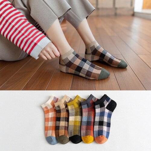 5Pairs New Arrivals Spring Summer Women Kawaii Sexy Ankle Socks Funny Printed Female Boat Socks Japanese college fashion lattice