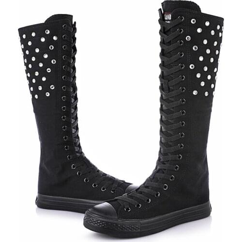 2019 NEW Black Crystal Boot Cheerleaders Dance Shoes Womens Shoes Boots High-top Side Zipper Cross-tied Canvas Shoes