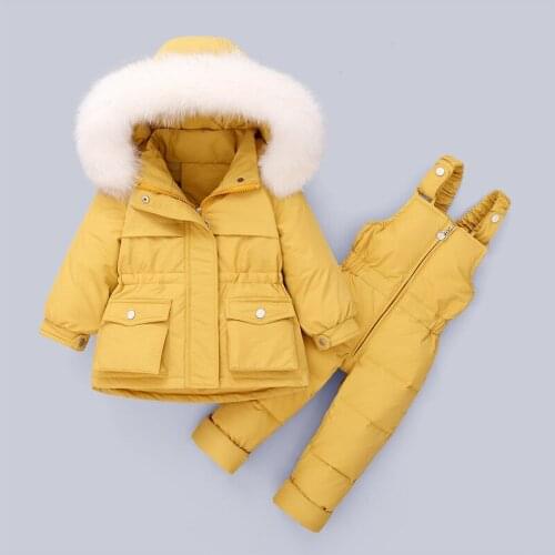 2021 New Winter Baby Girls Snowsuit Hooded Fur Collar Jacket Coat Down Overalls Infant Snow Suit Toddler Snow Wear Set