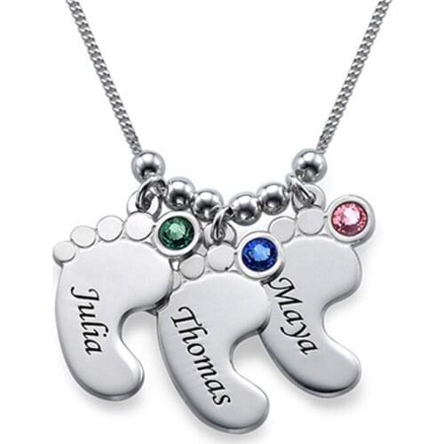 AIYANISHI 925 Silver Personalized 3 Birthstones Necklaces Mom Baby Feet Custom Name Heart Pendant Necklaces Family Mother Gifts