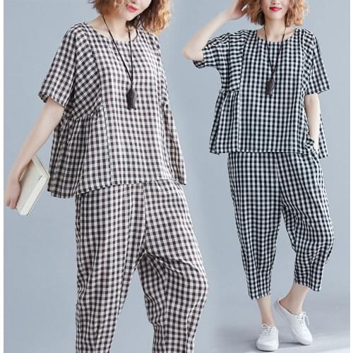 Summer Plaid Two Piece Cotton Tracksuit Middle -aged Women Loose Top + Casual Pants Suits 2 Piece Set Women Fashion Outfits L377