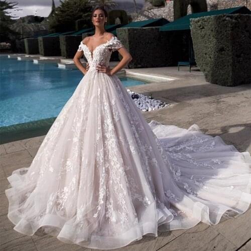 Boho Wedding Dresses Ball Gown Off The Shoulder Tulle Appliques Lace Dubai Arabic Wedding Gown Bridal Dress Vestido De Noiva