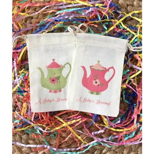Tea Party Theme Favor Bag custom Baby Shower gift bag "A Baby is Brewing" cotton welcome Treat Bags candy bag Teapot baptism bag