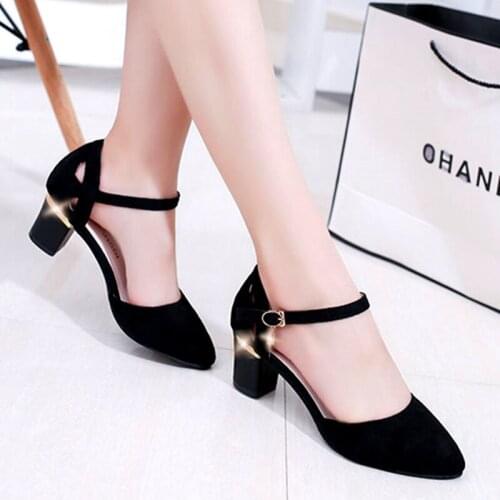 Miaoguan Zapatos Dama Woemn Cute Pointed Toe Black Flock Buckle Strap Square Heel Shoes Lady Pink Comfort Heel Pumps B5986