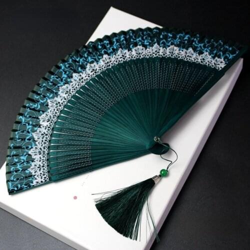 Color changing crown fan womens folding fan lace color changing fashion folding fan Hanfu photography Green Black Green fan