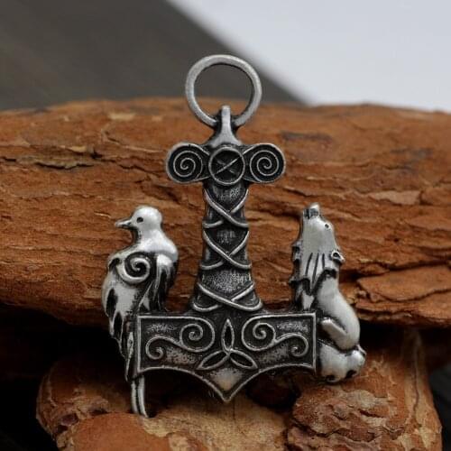 Youe shone Norse Odin Thors Hammer Mjolnir Viking viking wolf and raven pendant ancient Birds necklace