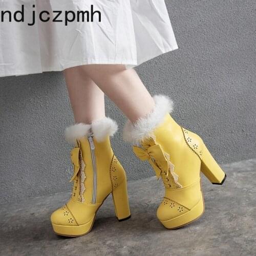 Womens Boots New Autumn And Winter Round head butterfly Knot zipper plush High heel Short tube Womens shoes plus size 34-48