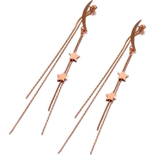 Neo-Gothic Titanium Stainless Steel Star & Moon Dangle Earrings Rose Gold Bohemia Tassel Earrings For Women E20017